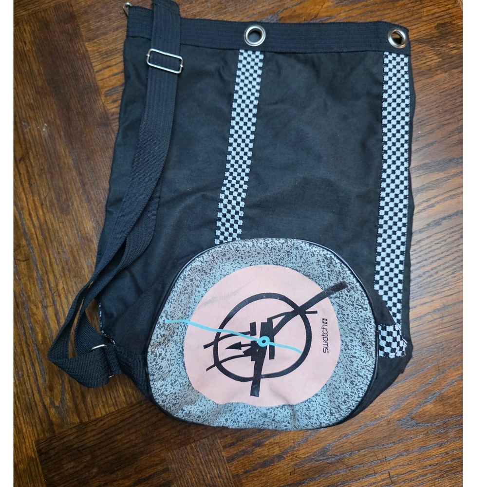 Vintage Swatch Canvas Duffel Bag Black Checkered Clock Face Retro 80s Gear Bag